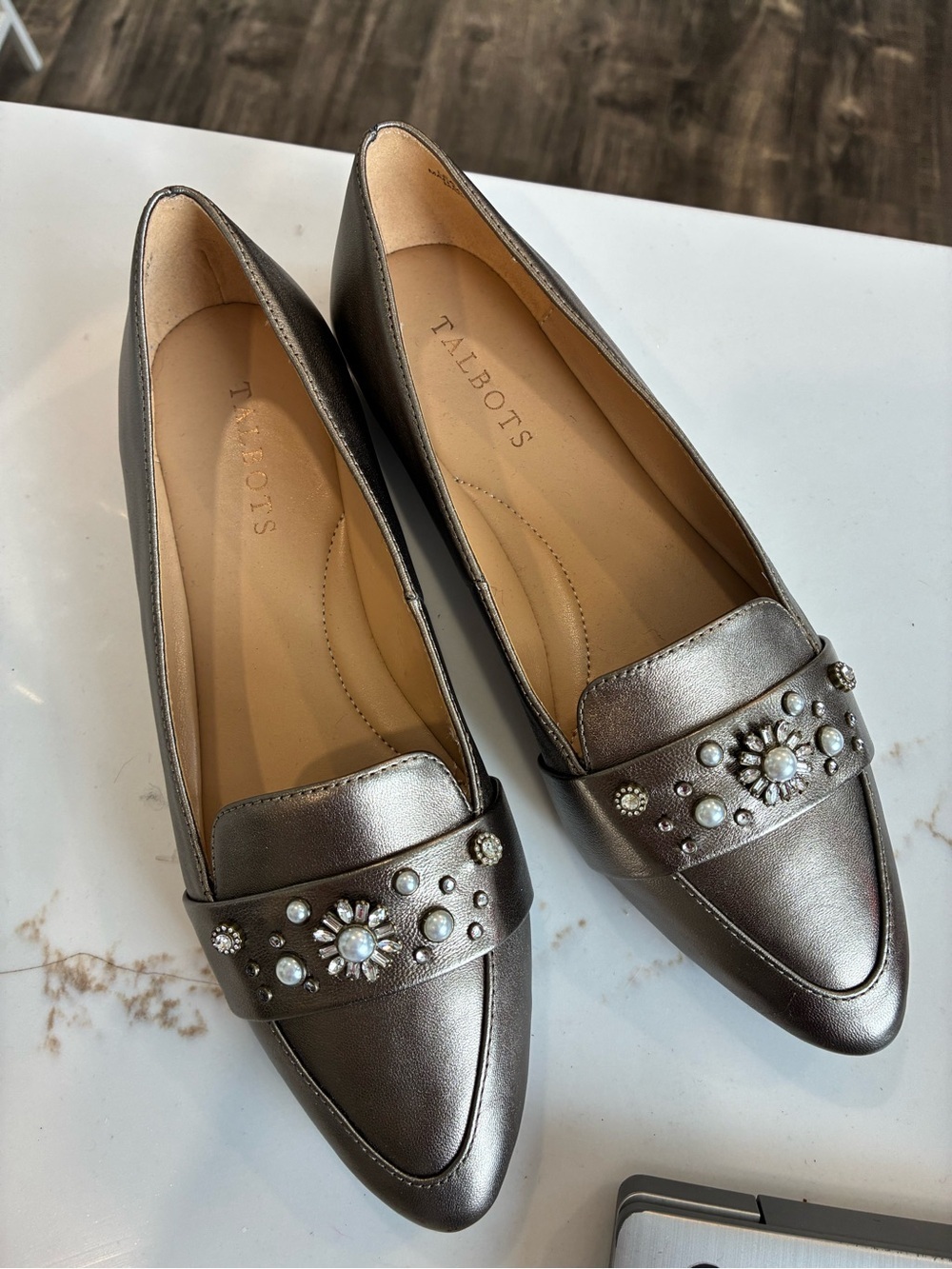 Talbots Metallic Pewter Jeweled Pointed-Toe Loafers